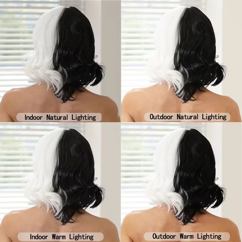 Cruella De Vil Black White Two-Tone Half-Up Synthetic Curly Wig 150% Density Wavy Design Vintage Vampire Gothic Style for Halloween Parties Easy Care Unisex