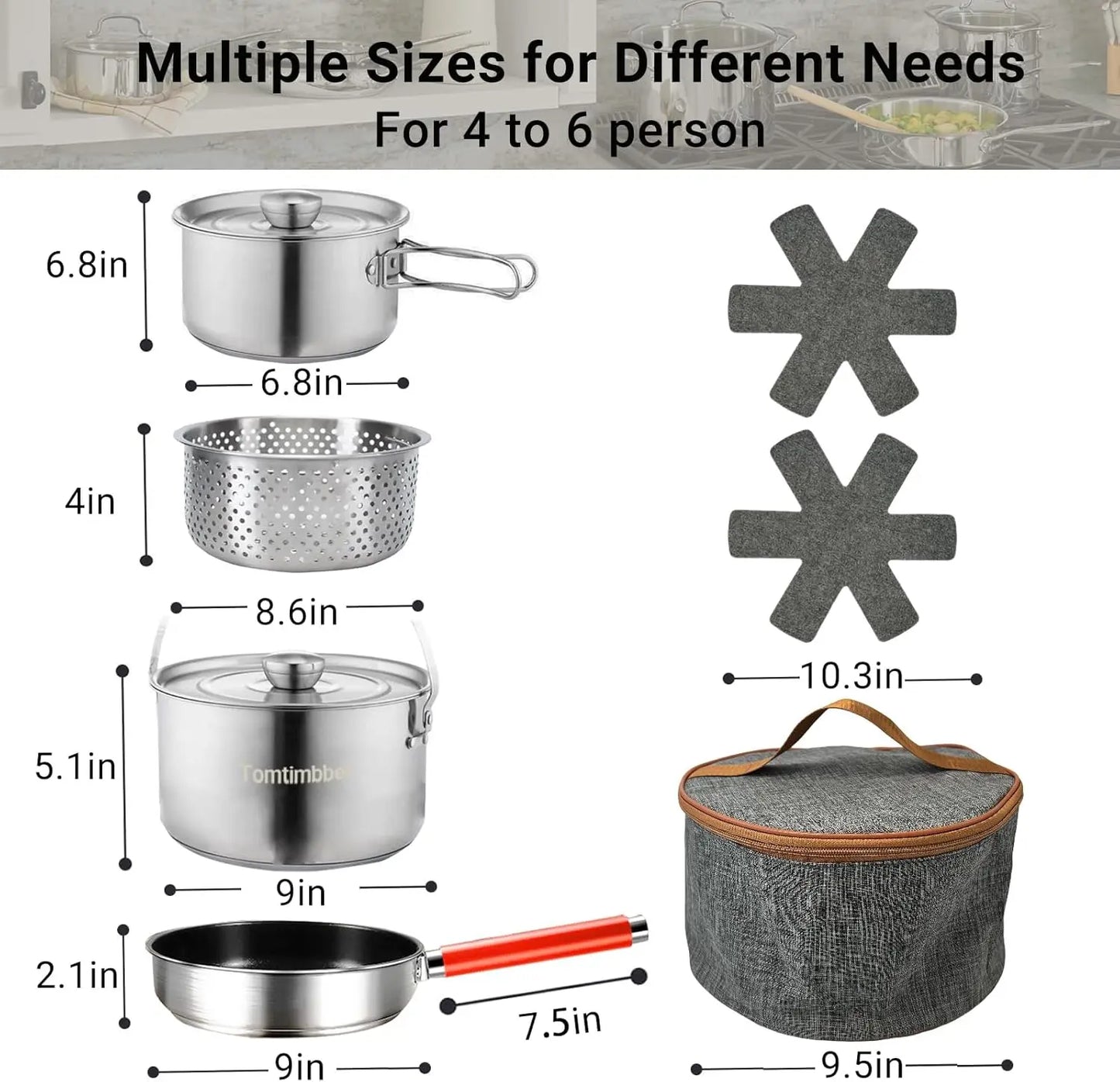 Camping Cookware Set 304 StainlSteel Cooking Pots Pan Set with Travel Tote Bag for Camping Outdoor