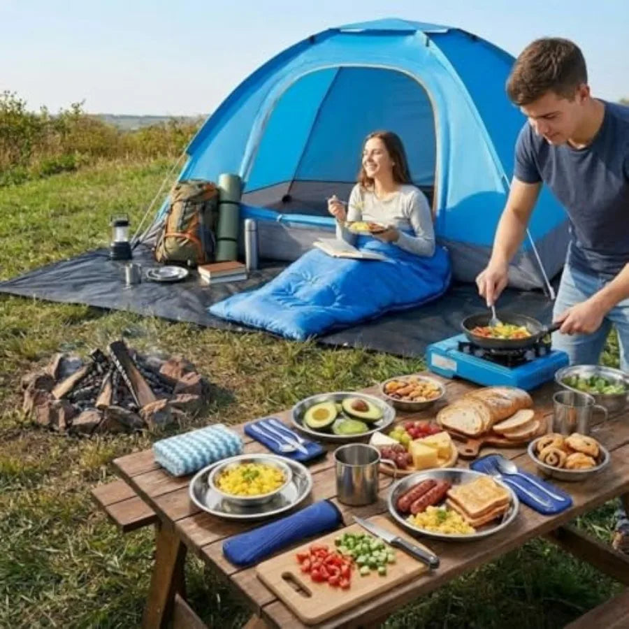 11 Pcs Camping Tent Set for Beginners Complete Outdoor Travel Gear with Tent Sleeping Bag Stainless Steel Mess Kit Waterproof T