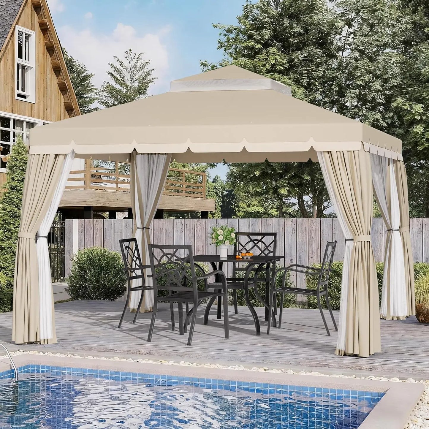 10x10 FT Outdoor Garden Gazebo Steel Vented Double Roof Canopy with Mosquito Netting for Backyard Lawn Party, Custom