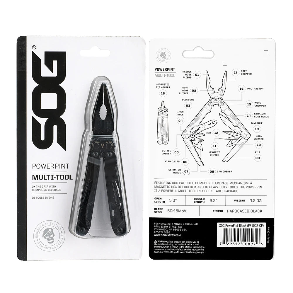 SOG 18 in 1 PowerPint Mini Multi-tool Stainless Steel Pocket EDC Multifunctional Pliers with Folding Knife Screwdrivers Scissors For Survival Fishing Hiking Cycling Travel DIY Home Emergency Repair Portable Camping Tools and