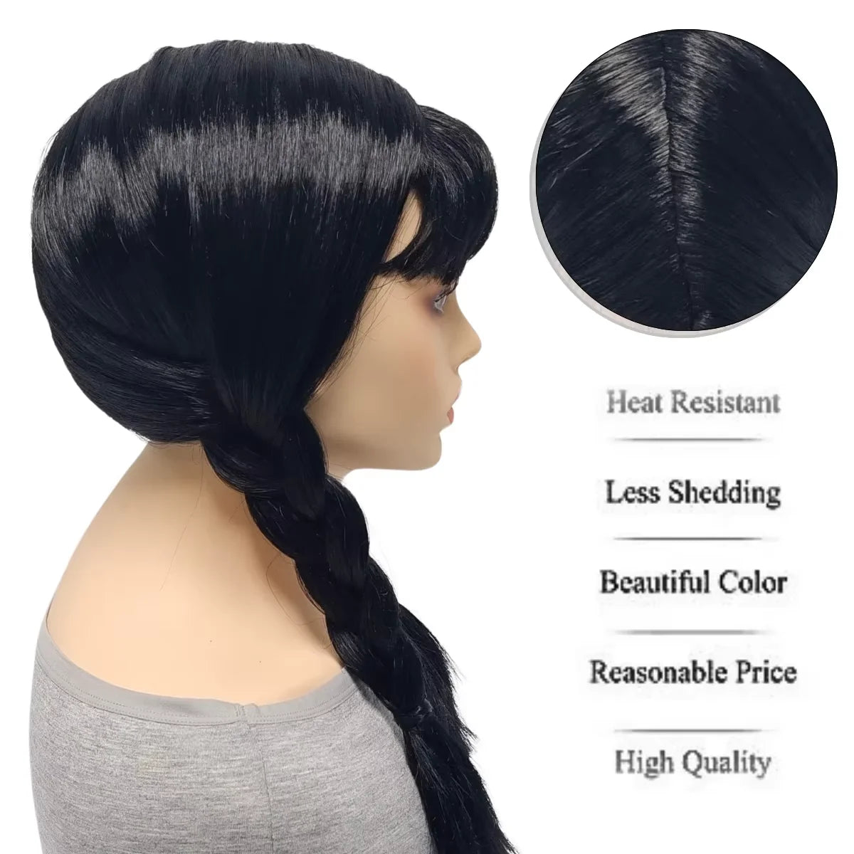Black Synthetic Fiber Heat Resistant Low Shedding Cosplay Wig with Bangs Double Braids Side Long Hair Shiny Smooth Adjustable Cap for Women Girls Party Halloween Costume Role Play Stage Show Photo Shoot Daily Use