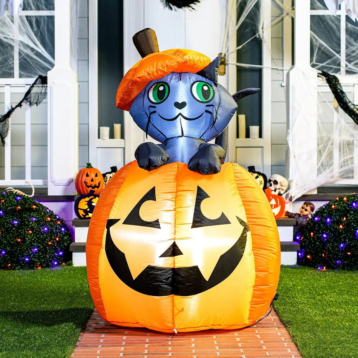5 FT Tall Animated Kitty Cat Halloween Inflatable On Pumpkin Outdoor Decoration for Halloween Blow Up Yard Lawn Inflatables Gift