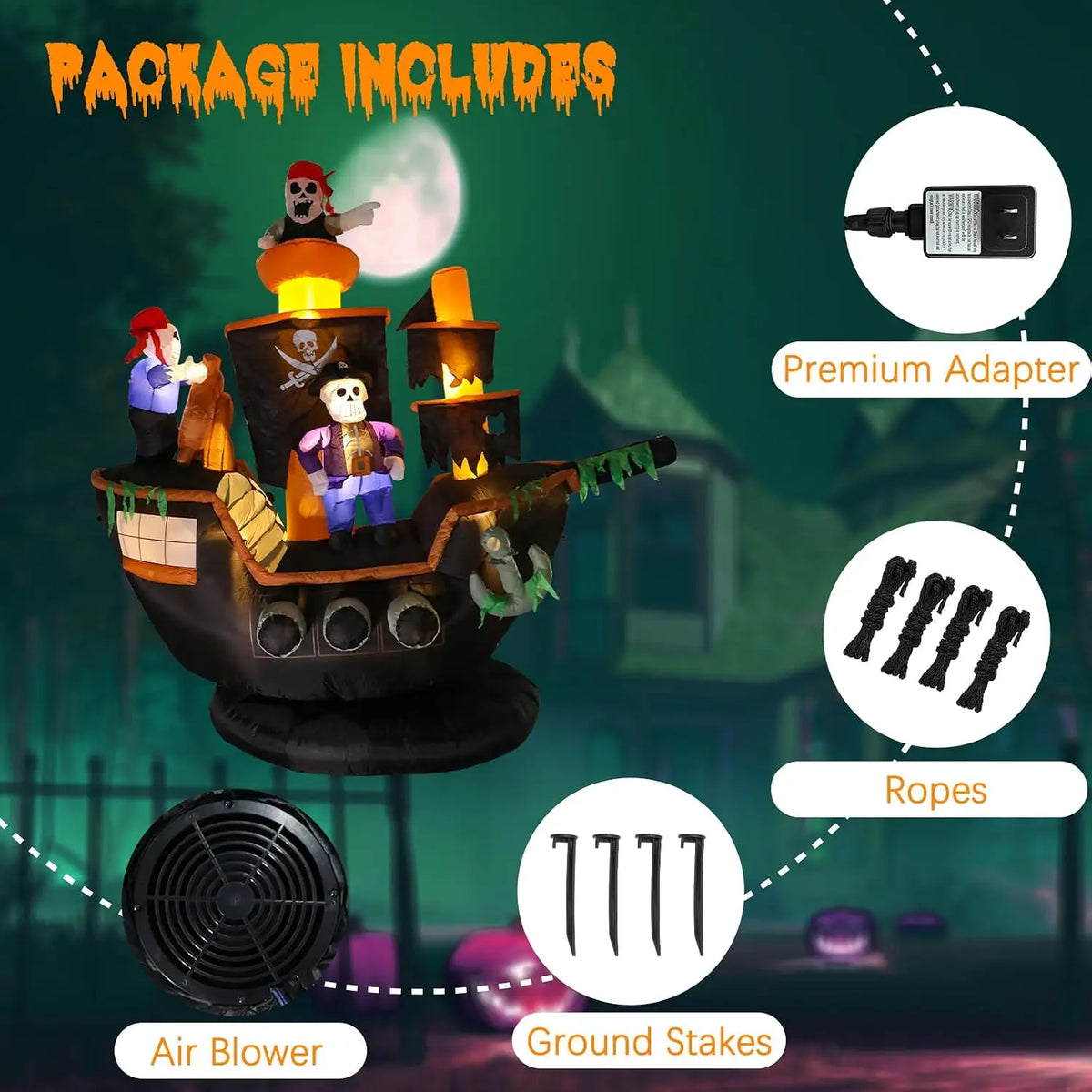 Outdoor Halloween Inflatable Decorations, 7ft Giant Pirate Ship Yard Decoration with Skeleton & Ghost Figures, Built-in LED Lights, Blow Up Lawn Ornament for Patio Party