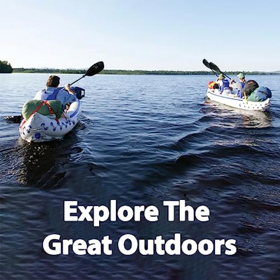 Inflatable Sport Kayak For 3 People, Durable PVC Material, Blue And Gray Color, Includes Paddles, Deluxe Seats, Pump, And Carry
