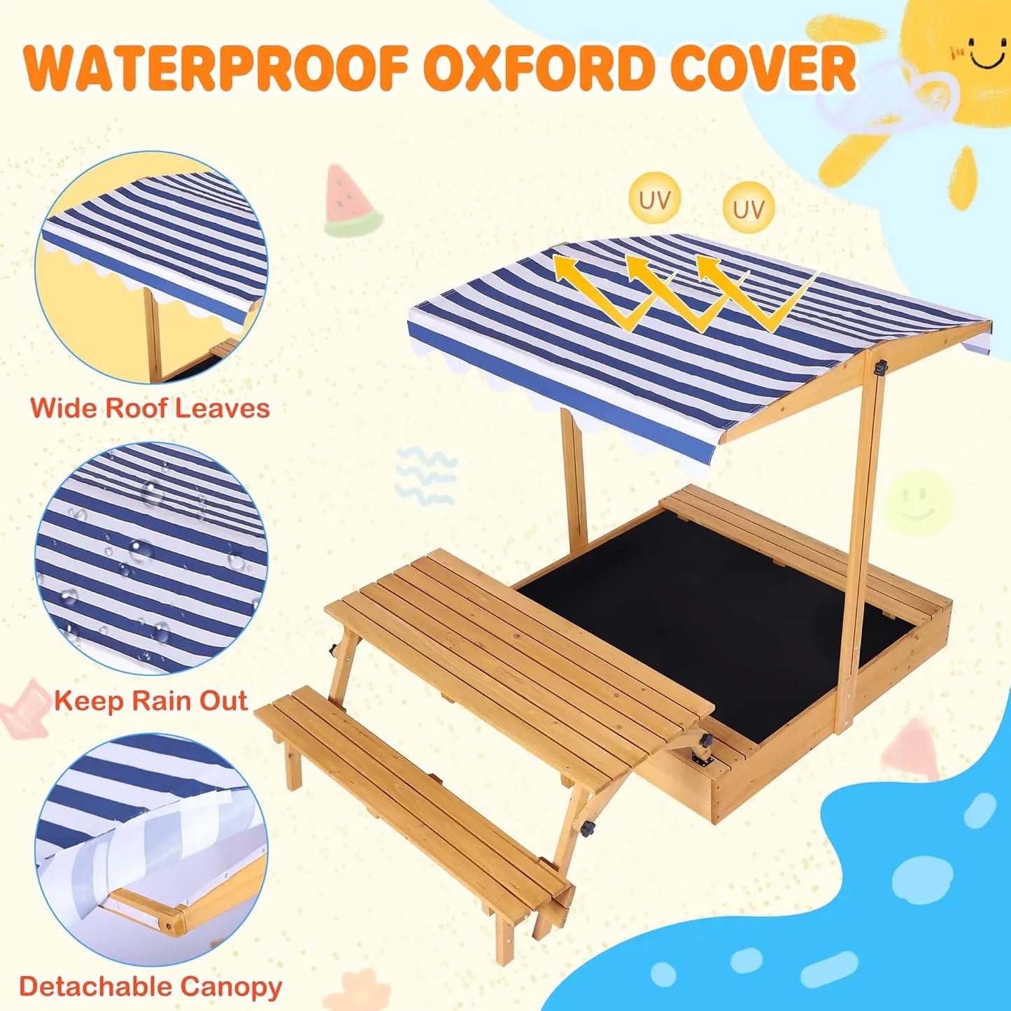 Kids Sandbox with Lid, Outdoor Wooden Sand Boxes with Kids Picnic Table, Sandpit with Cover Canopy, Toddler Outdoor Playhouse with Canopy