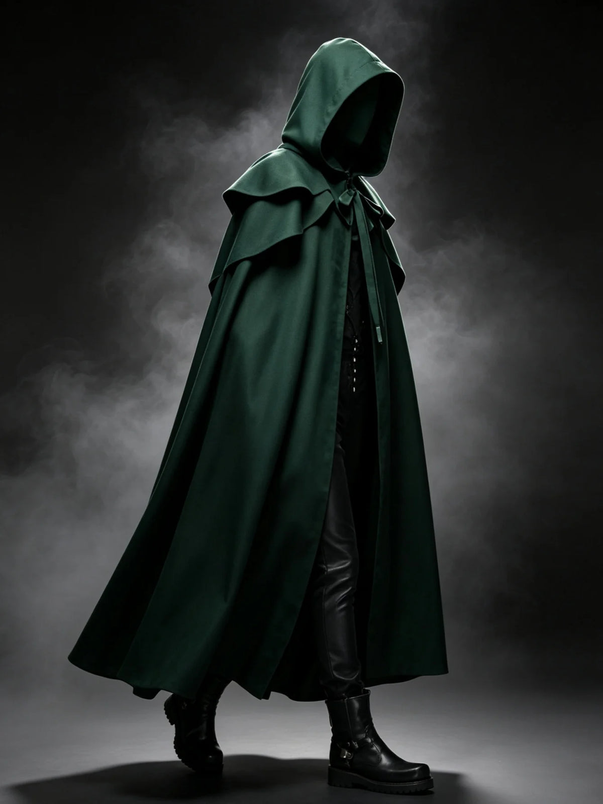 Medieval Vintage Hooded Long Cos Cloak, Dark Green Double Lapel Tie Cape, Unisex Ranger Hunter Wizard Role Play Costume, Retro Gothic Cosplay Coat for Halloween Stage Performance