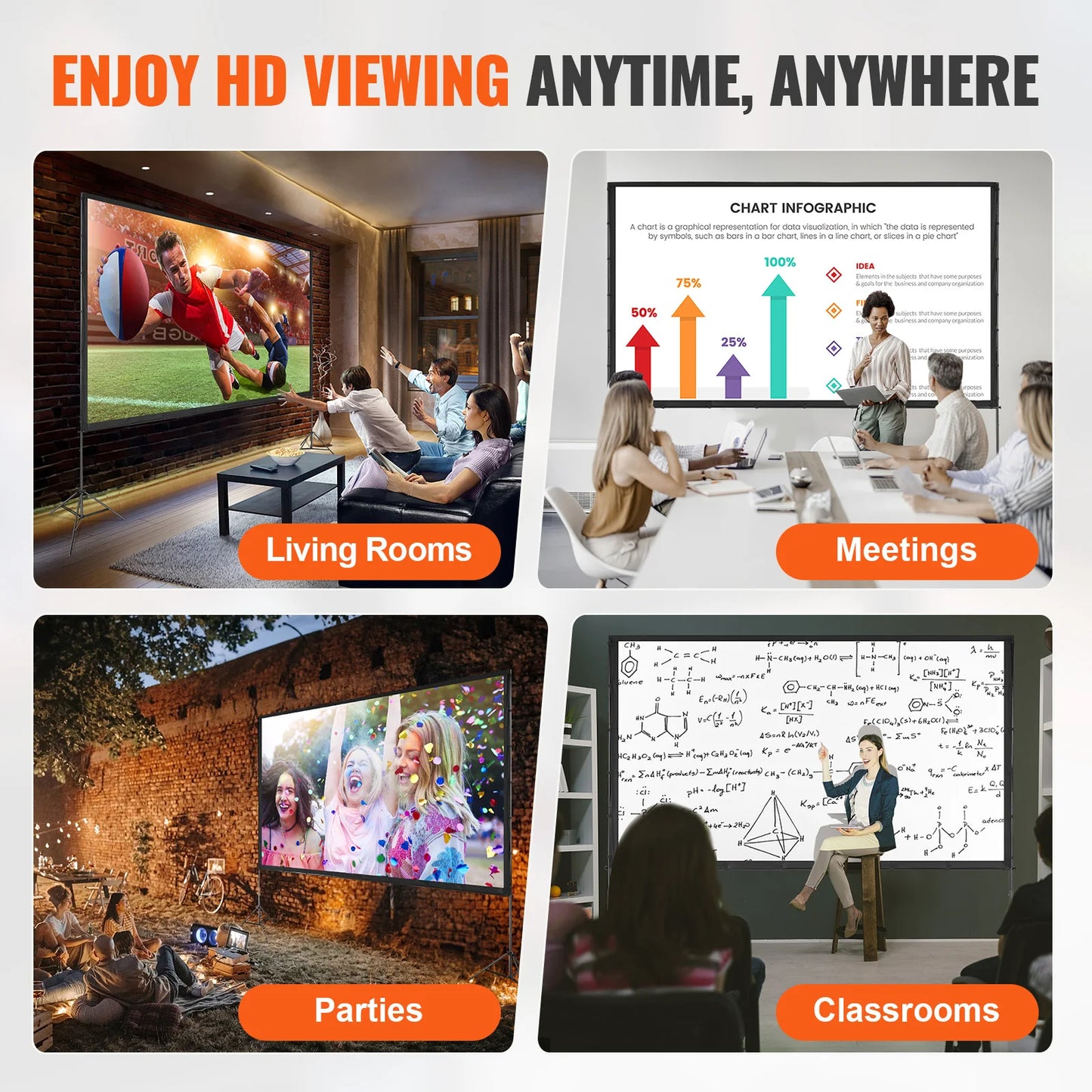 Projector Screen w/ Stand 150in 16:9 4K 1080 HD Portable Projection Screen for Home Office Garden Moive Theater Cinema