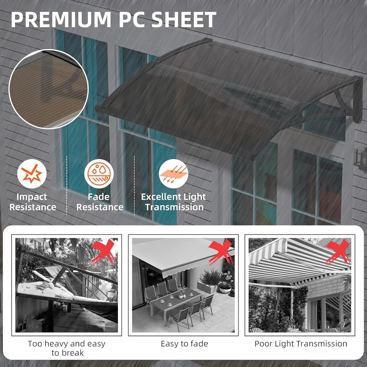 Large Sink Window Door Awning Canopy Outdoor Waterproof Roof Cover For Door Entrance Patio Window Polycarbonate Hollow Sheet