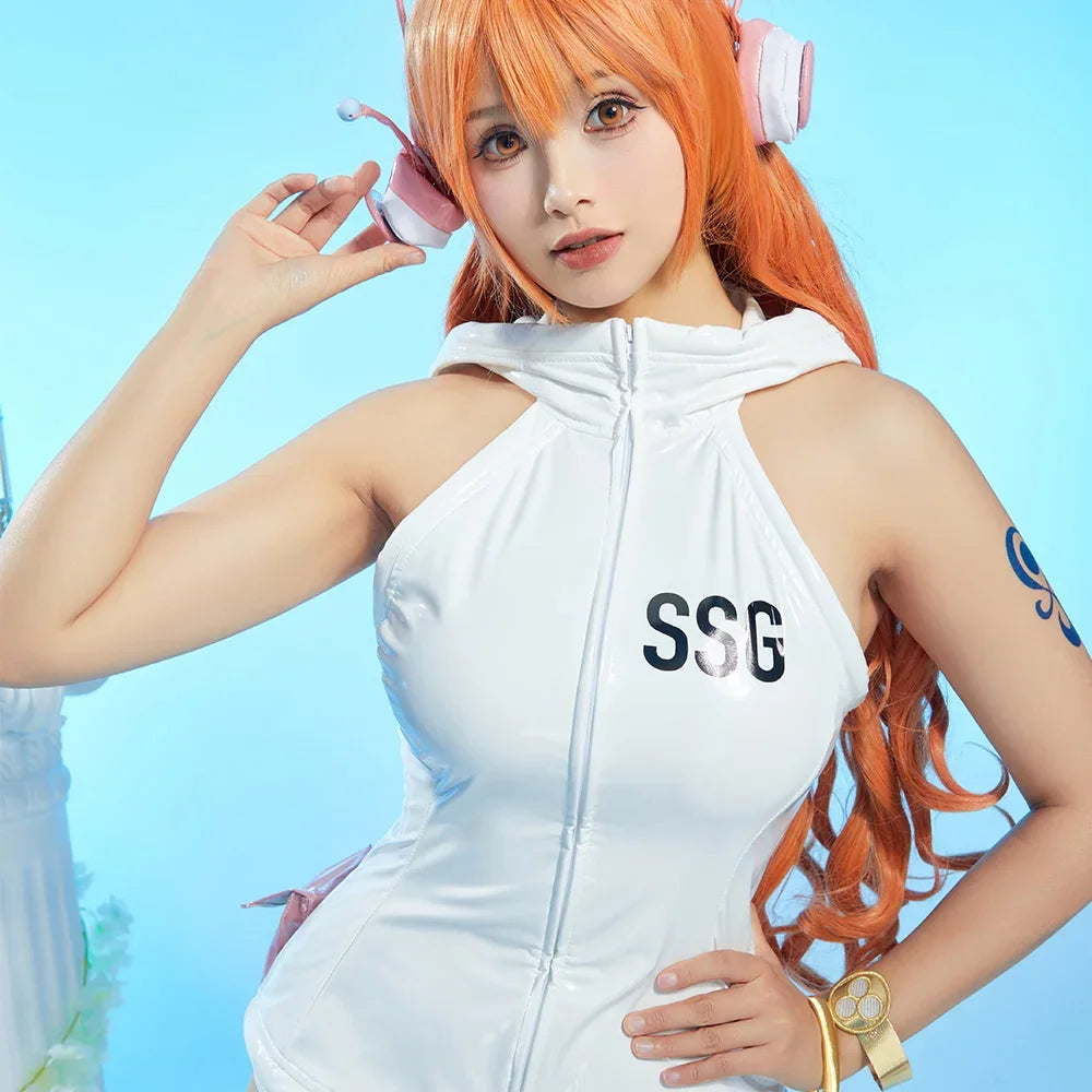 Miccostumes Women's Anime White Hooded Vest and Panty with Waist Bag Bracelet Cosplay Costume