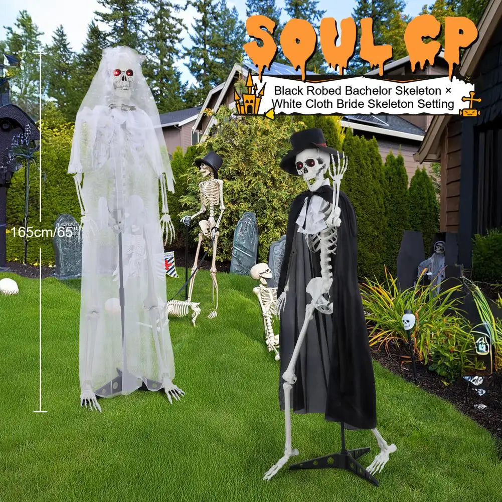 1 Pair 5.42ft Halloween Bride And Groom Skeletons,Life Size Full Body Bones Posable Simulated Skeleton With Sound, Eyes Can Glow