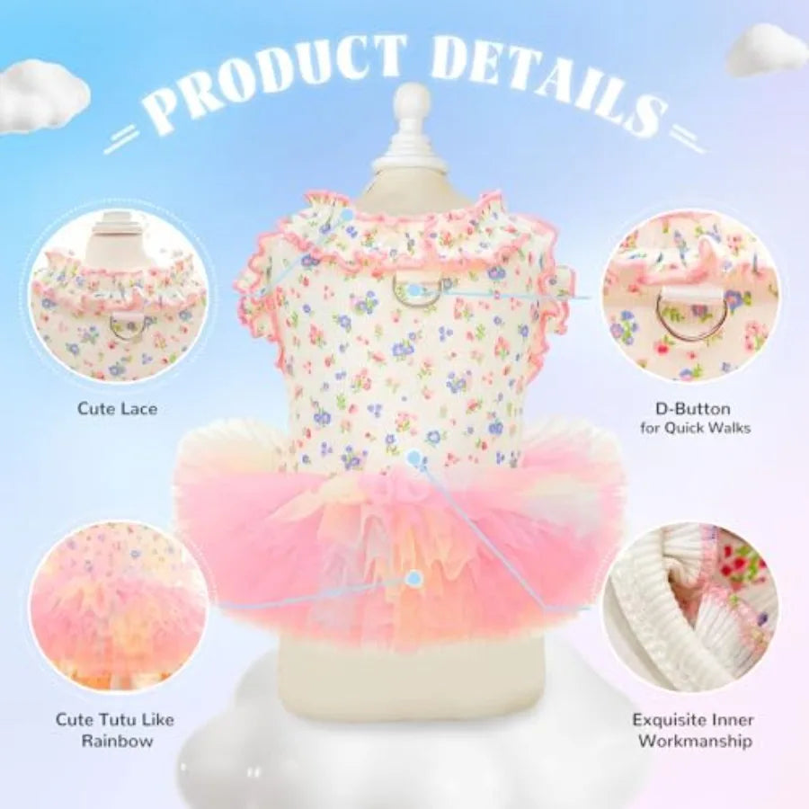 Floral Dog and Cat Dress with Tutu Skirt - Breathable Stretch Pet Clothes for Dogs Girl Cats and Puppies Birthday Party Outfit
