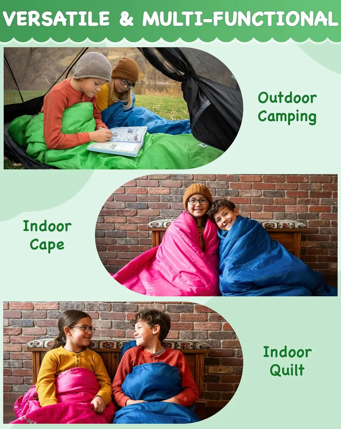 Lightweight Waterproof Flannel Sleeping Bag for Kids – Compact Camping Gear for Youth, 45°F Cold Weather Warmth, Fits Ages 10-12, Height 4'7"-5'5"
