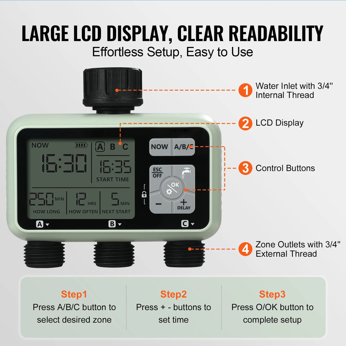 Water Timer 3 Outlets Hose 3 Independent Watering Zone LCD Display Rain Delay Mode Manual Mode Watering Sprinkler Timer