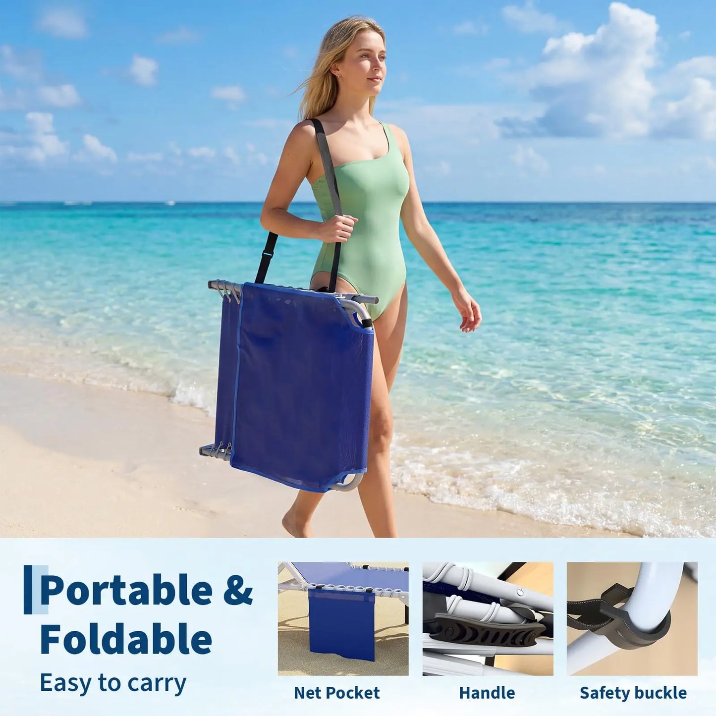 New Tanning Chair with Face Hole, 3-in-1 Outside Beach Lounge Chair with Folding Table, 5 Reclining Positions and Removable Pillow, for Beach, Pool, Patio, Garden -Max 330lbs (Blue)