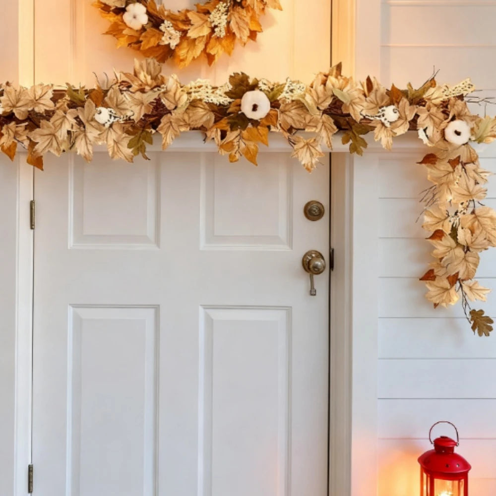 1pc Autumn Pumpkin Wreath, 71.1 Inch Artificial Maple Leaf Pumpkin Berry Vine Wreath with Pumpkin Maple Leaf Garland for Wedding, Thanksgiving Table, Farmhouse Decoration