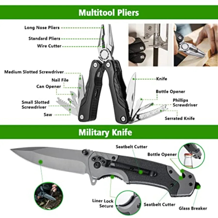 Multifunctional Folding Tactical Shovel Hatchet Combo with Axe Flashlight and Extension Handles in Black for Camping Cycling Hiking