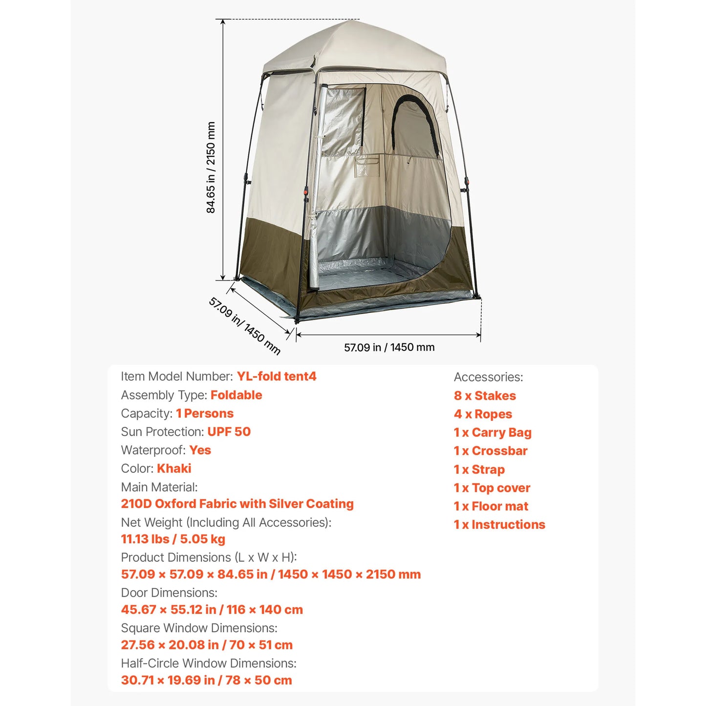 SucceBuy Camping Shower Tent 1 Room Foldable Privacy Tent Changing Room with Ground Stakes Ropes Carry Bag and Crossbar