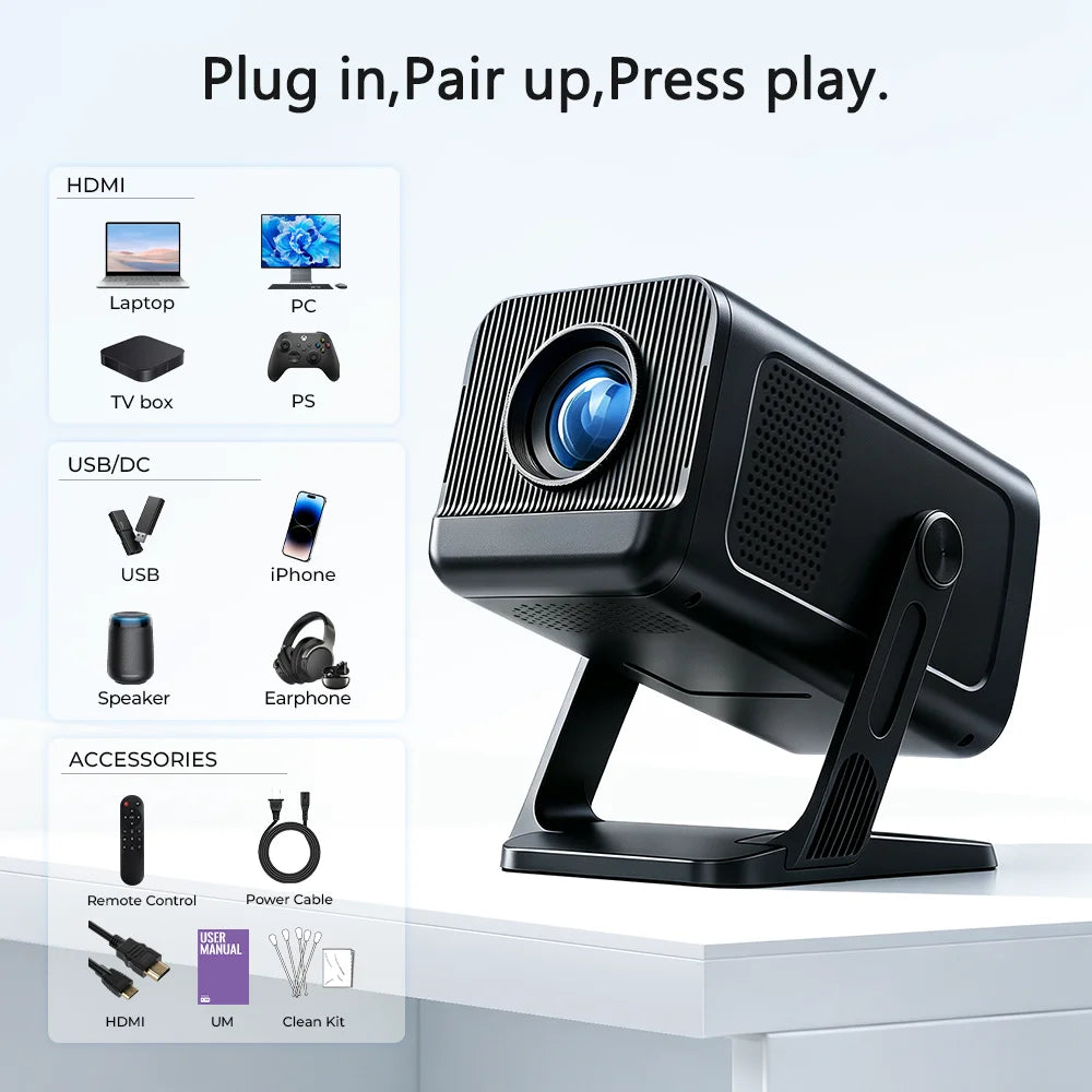 LYNCast Smart Projector with Android 14.0 & WiFi 6, 4K Support, Wireless Screen Mirroring X1, Perfect for TV Series, Movies, Gaming, Anime, Sports, K-Dramas, Concerts