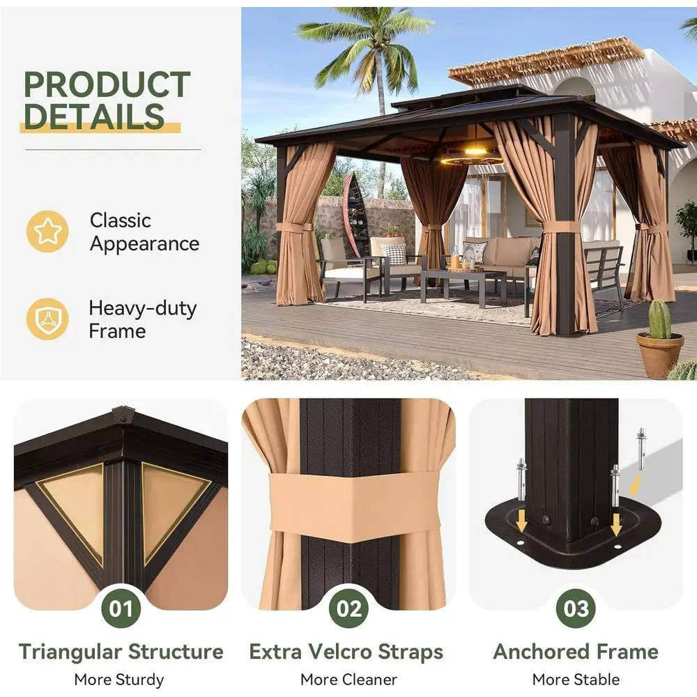 10x12 ft. Outdoor Poly Pavilion with Curtains & Netting, Ideal for Gardens and Patios, Brown