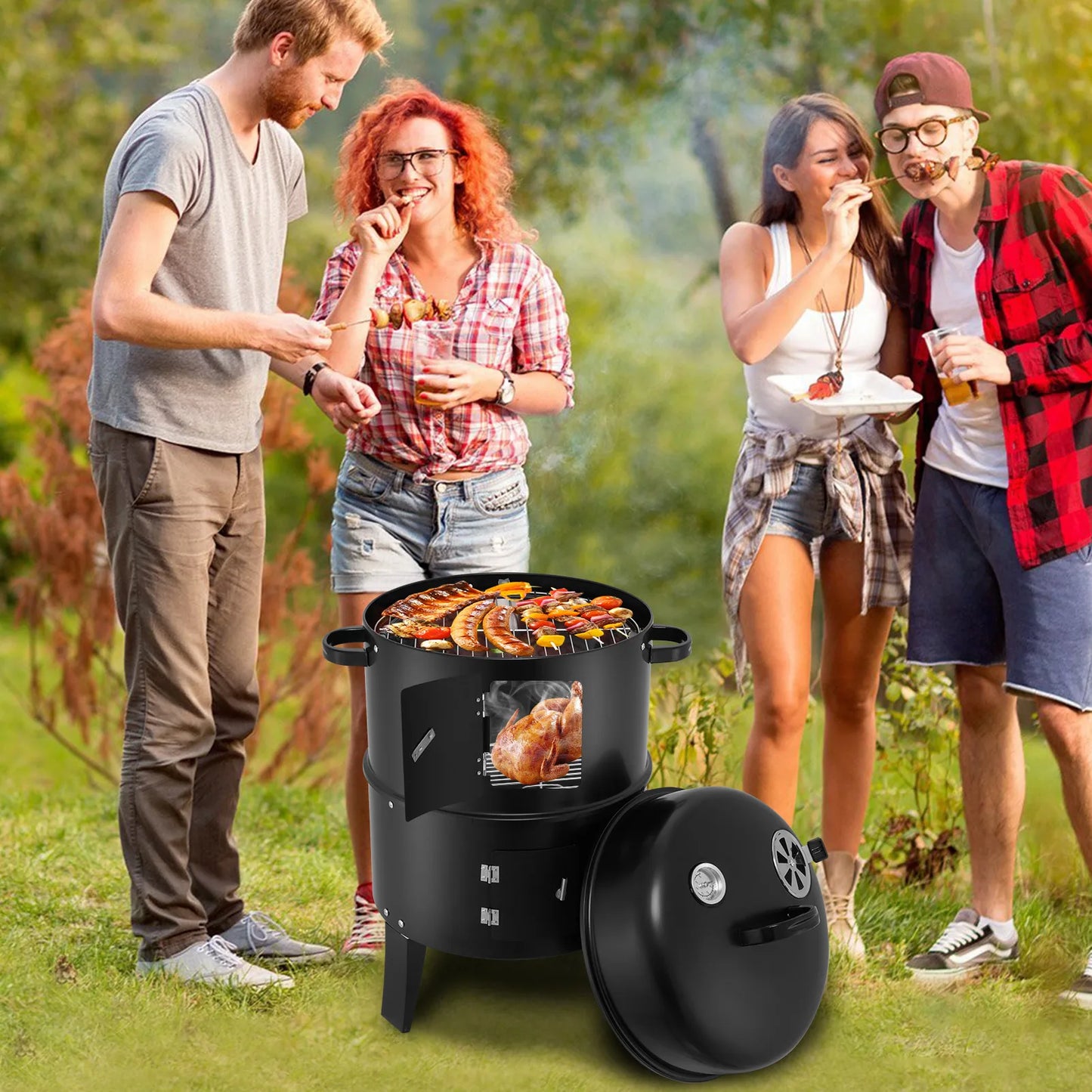 3 in 1 Smoked Grill Has Grilling Vertical Portable Smoker Grill Detachable 2 Layers for Camping Outdoor BBQ Cooking Black