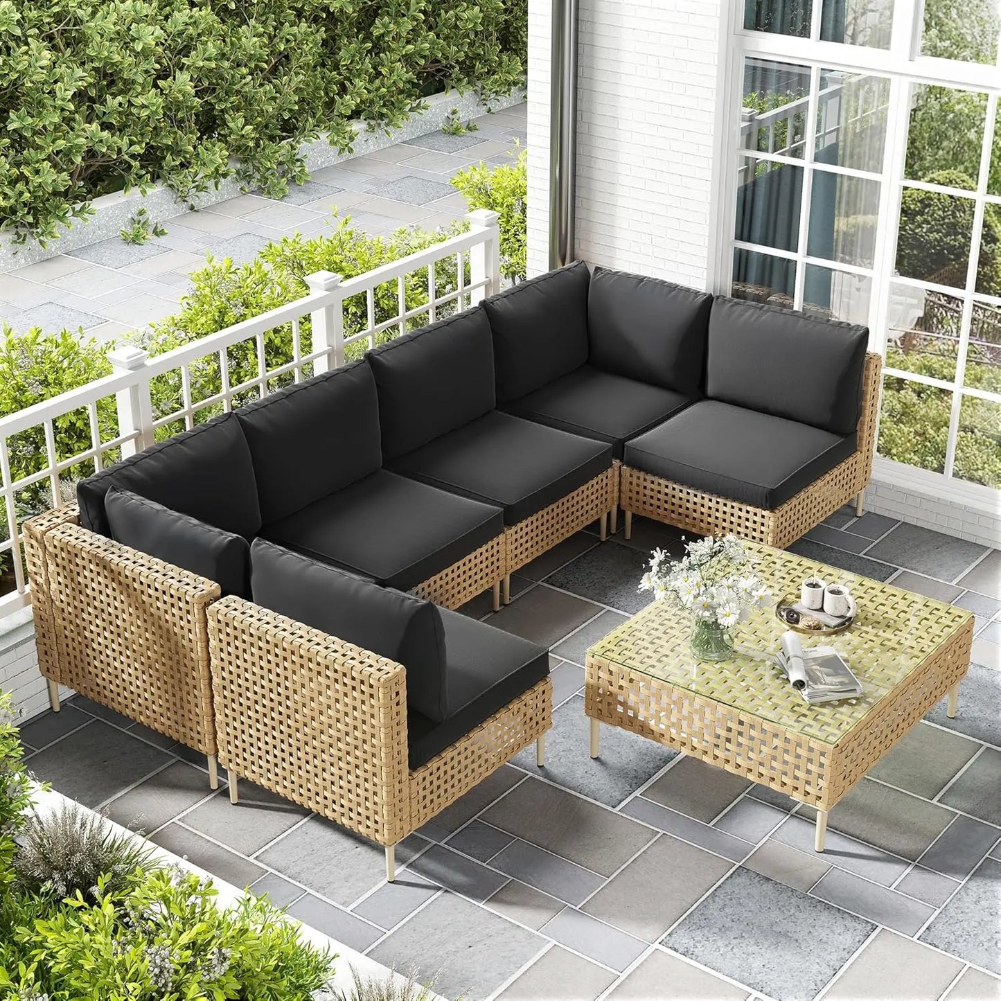 7 Piece Wicker Outdoor Sectional Sofa Set with Coffee Table All Weather Cushions Backyard Porch Large Hand Knitting, Customized