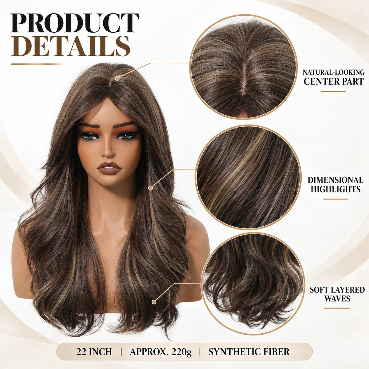 Halloween Wig TopShe Long Wavy Synthetic Hair 22 Inch Dimensional Highlighted Brown Wigs Natural Looking Center Part Layered Waves for Women Party Daily Wear Soft Heat Resistant Hairpiece Fancy Dress Up Style Fall Winter Cost