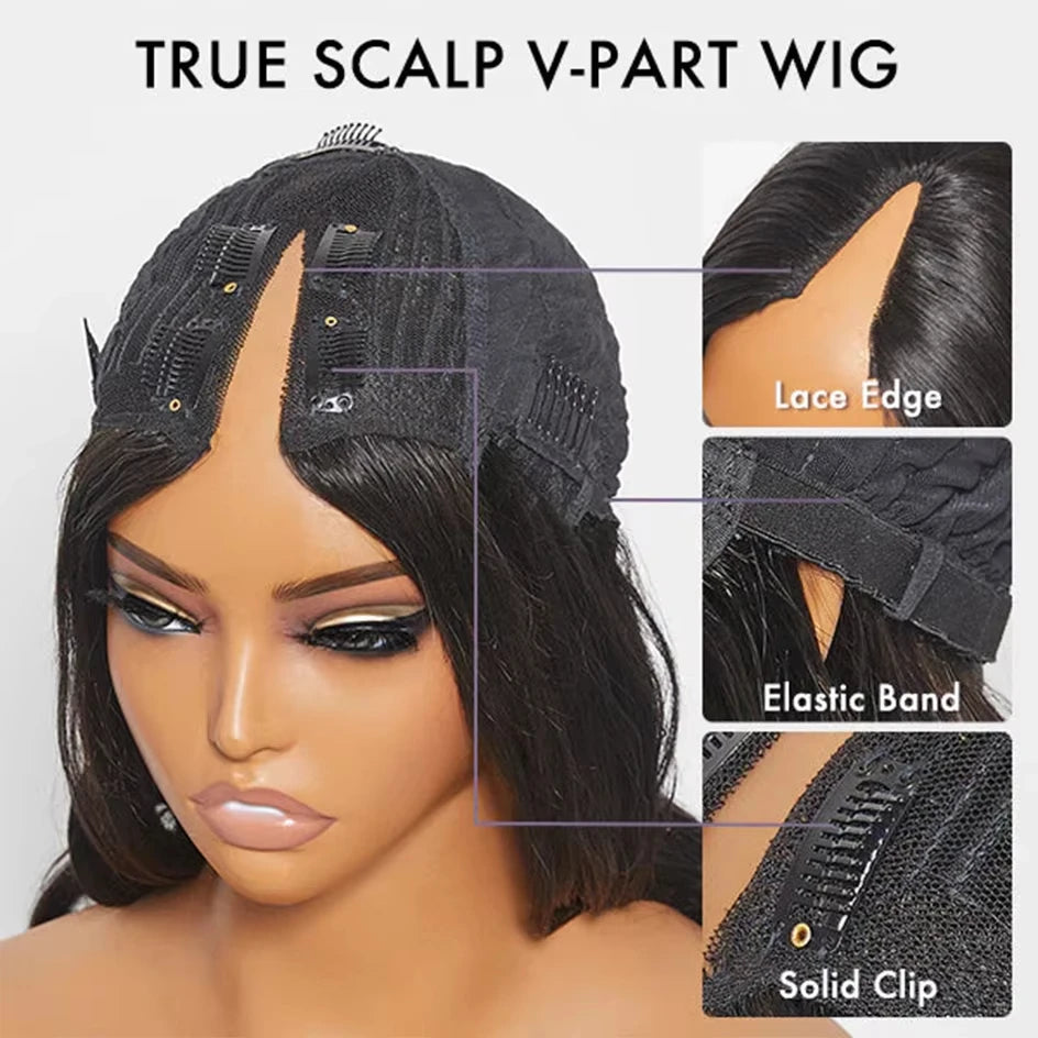 Kinky Straight V Part Wigs Human Hair Brazilian Hair Wigs for Black Women Cosplay Halloween 220% Density Kinky Straight V Part Wig Full Machine Made Wig