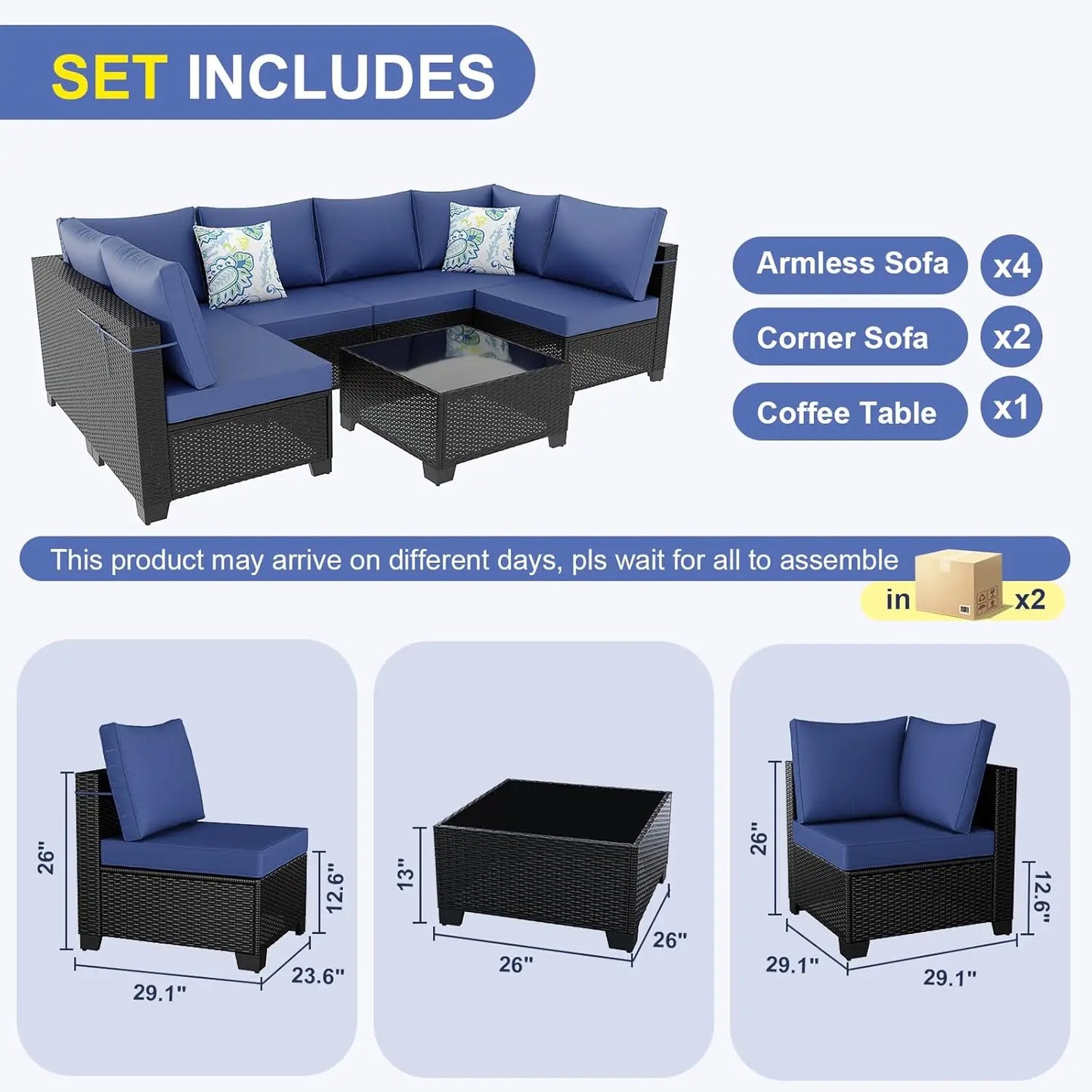 7 Piece Wicker Rattan Outdoor Patio Sectional Furniture Set, Outdoor Conversation Couch Set with Waterproof, Customized