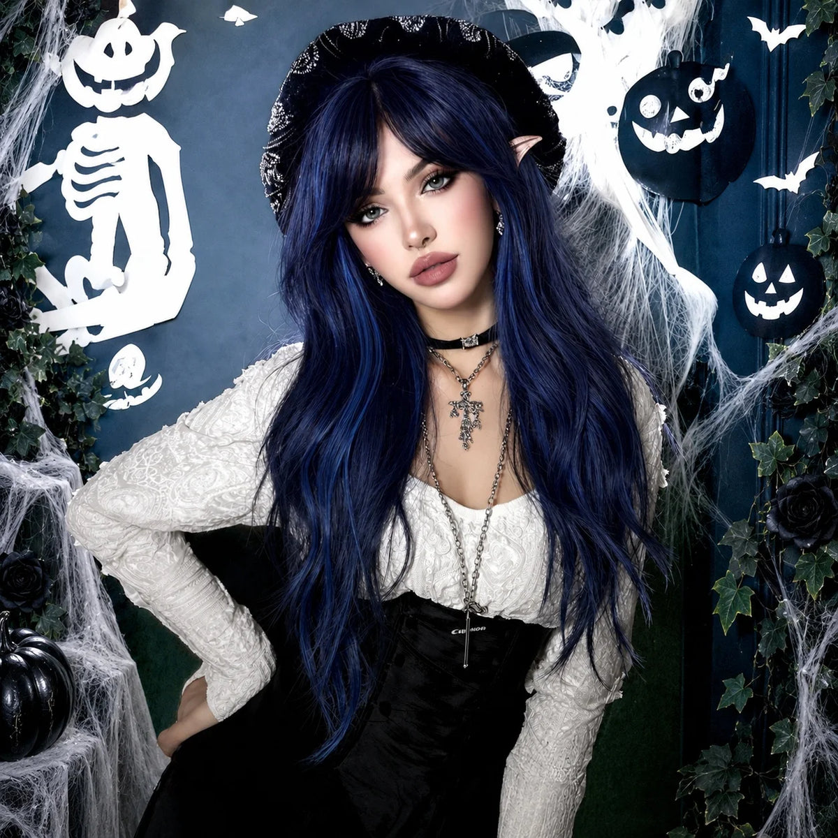 Halloween Wig 26-Inch Long Wavy Synthetic Wig Black and Blue Highlights Heat Resistant Wig for Women Black Wig with Blue Highlights Chemical Fiber Hair with Bangs Face Framing Cosplay Costume Party Goth Anime Daily Wear Soft
