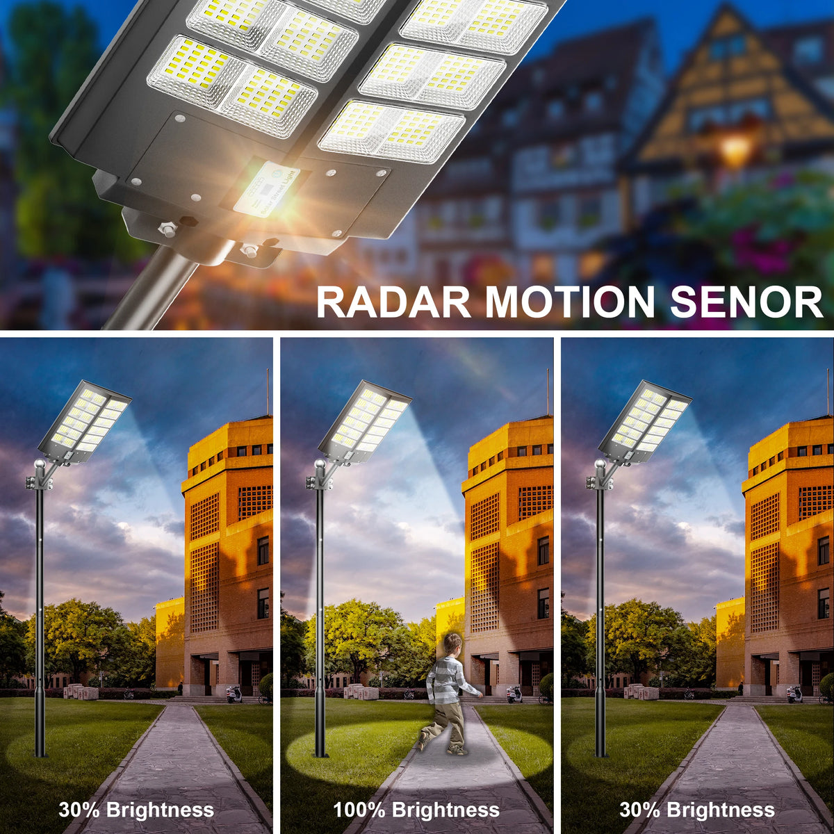 1-Pack 6000W Solar LED Flood Light, Solar Street Light with Motion Sensor & Remote Control, Dusk-to-Dawn Auto On/Off, 3 Brightness Modes, IP65 Waterproof, Easy Installation, Ideal for Yard, Patio, Basketball Court, Parking Lo