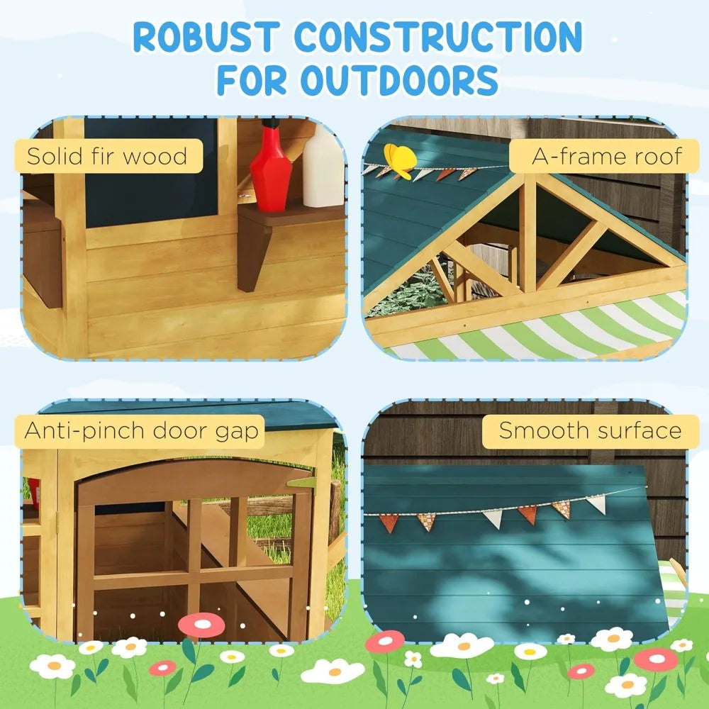 Foldable Outdoor Playhouse, Wooden Cabin with Windows, Hinged Door, Bar, and Waterproof Cover; Customizable