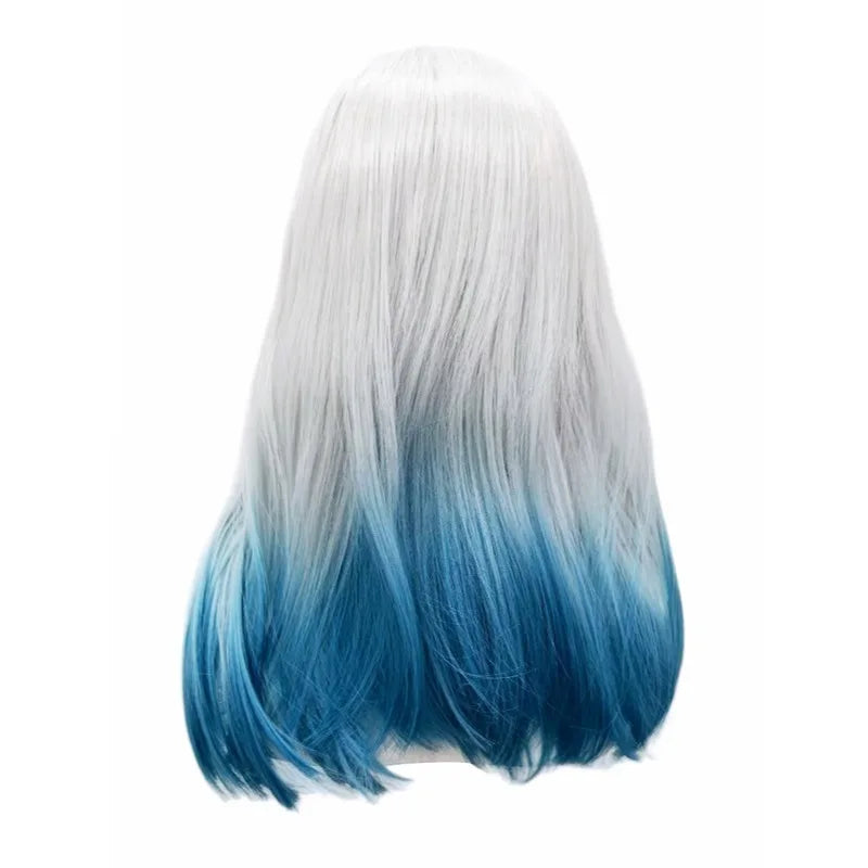 Silver White Blue Gradient Premium Synthetic Fiber Long Straight Wig Ombre Highlights Middle Part Bangs Layered Inner Curl Tips Heat Resistant Adjustable Cap for Women Girls Anime Cosplay Party Halloween Costume Role Play Sta