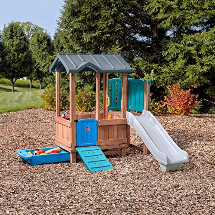 Woodland Adventure Playhouse & Slide, Kids Outdoor Playset, Backyard Playground Set, Swings, Storage Drawer, Made of Wood & Dura