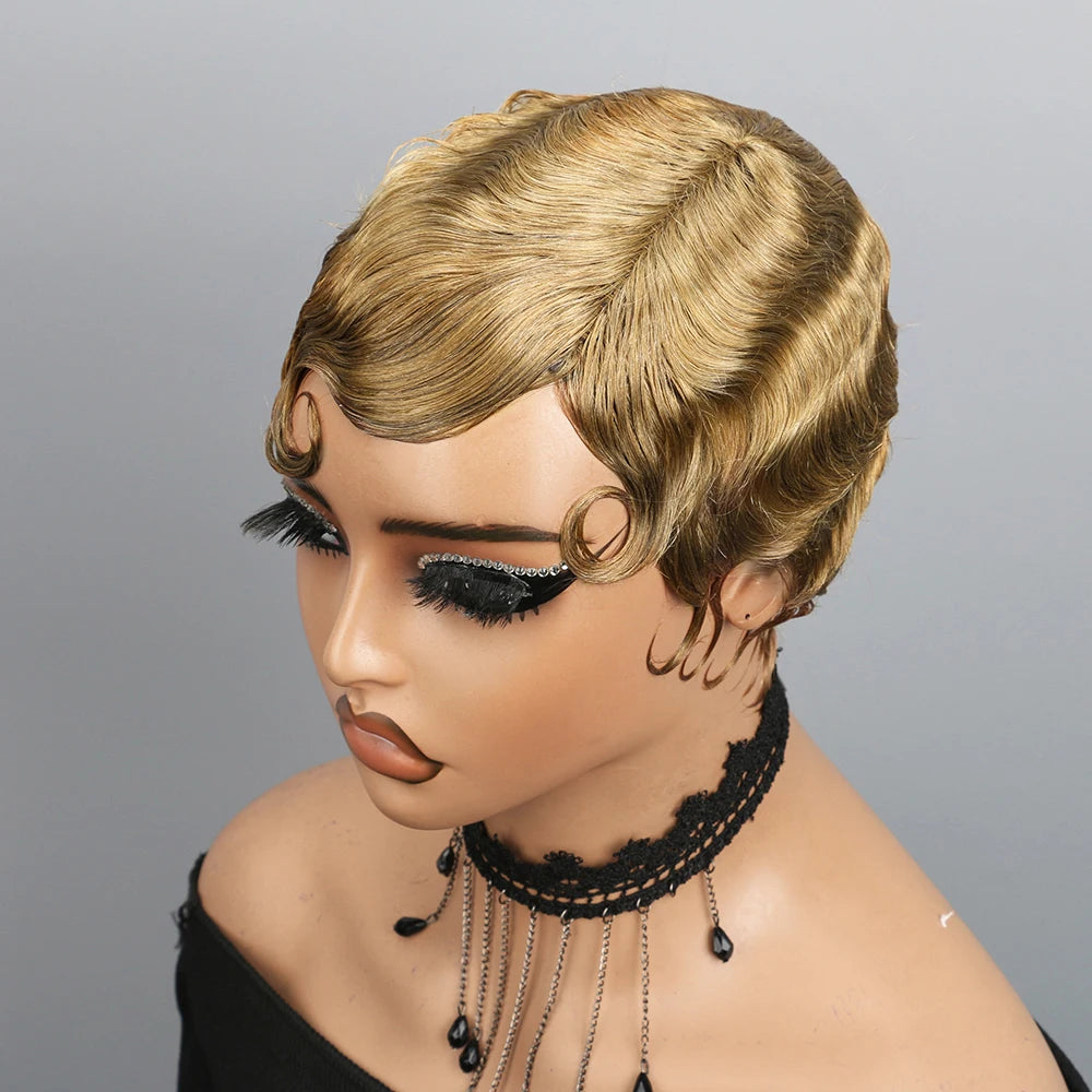 Finger Wave Wig Short Mommy Hair Curly Wigs for Black Women Lady Wig Cosplay Costume Halloween Party Pixie Cut Wig Human Hair