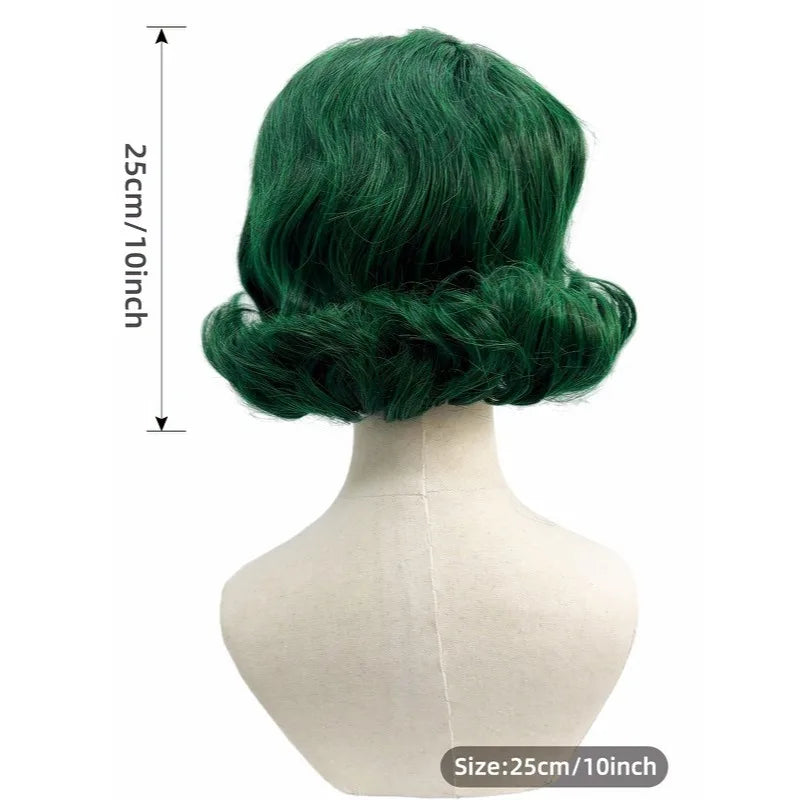 Dark Green Premium Synthetic Fiber Short Curly Wig with Bangs Cat Ears Top Bun Updo Fluffy Voluminous Retro Vintage Waves Inner Outer Curls Heat Resistant Adjustable Cap for Cosplay Party Halloween Costume Role Play Stage Sh