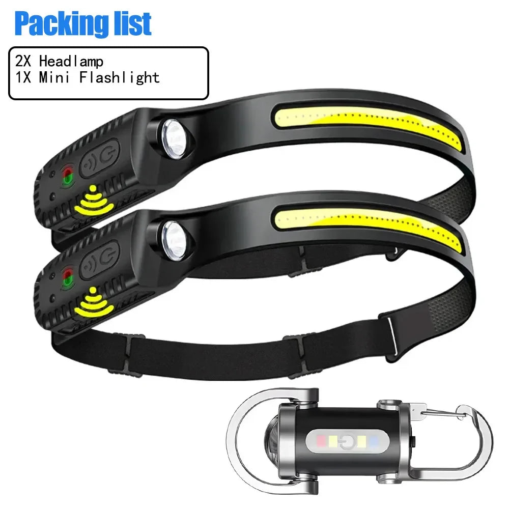 Induction Headlamp COB+LED Head Flashlight Built in Battery USB Rechargeable Outdoor Waterproof Camping Fishing Work Lantern