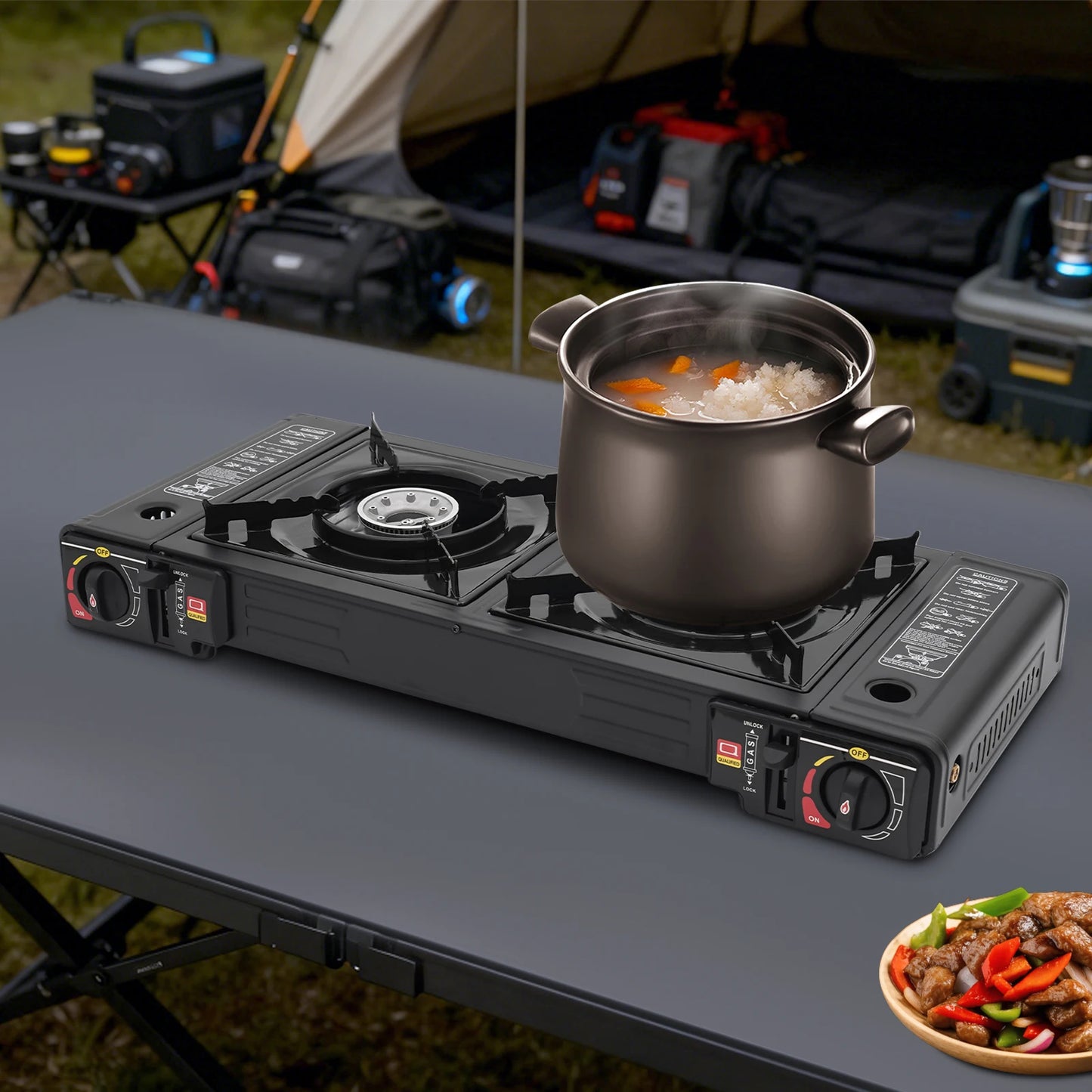 Portable Camping Stove 2 Burner 2500W Each Gas Cooktop Butane LPG Outdoor Picnic Cooking Tabletop Dual Control Overpressure Protection Lightweight Carry Case Fast Heating for RV Patio Hiking