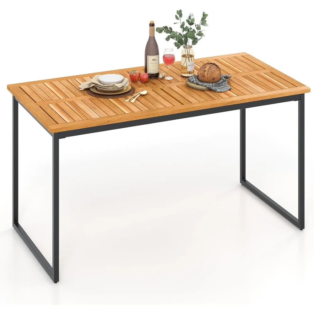 Patio Acacia Wood Dining Table for 6 Person, 55 Inches Rectangle Outdoor Table with Heavy Duty Metal Legs