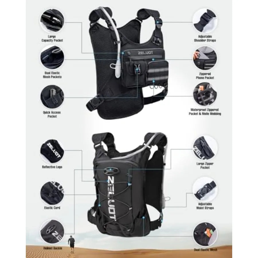 12L Hydration Backpack with 2L Water Bladder Running Vest with Gear Holder U.S. Design Patent Lightweight Hydration Pack Reflectors