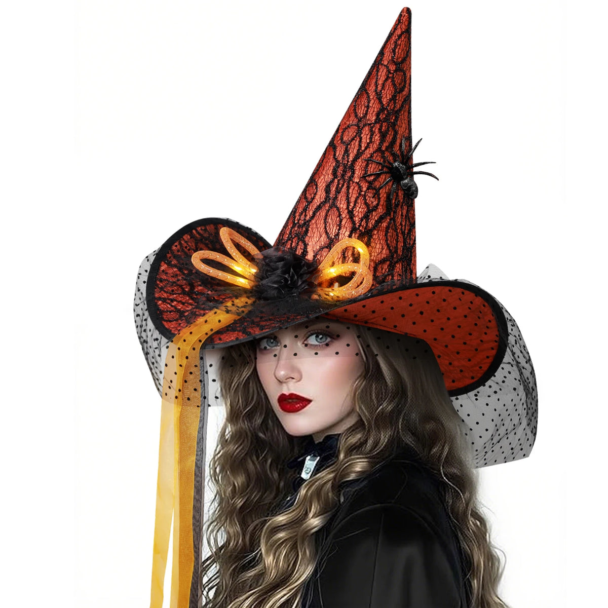 Women Halloween Witch Hat, 6 Styles Black Orange Purple Pointed Witch Hats with Spider Web Lace, Flower, Feather and LED Light Decor, Halloween Party Cosplay Costume Accessory