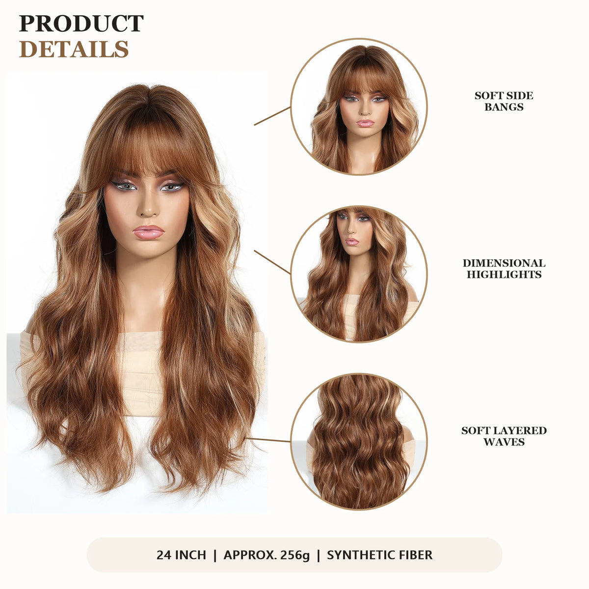Halloween Wig 24 Inch Long Synthetic Wig with Bangs Auburn Brown Blonde Heat Resistant for Woman Dimensional Highlights Soft Layered Waves Curly Wavy Hair Wigs for Women Cosplay Costume Party Daily Wear Natural Looking Volumi