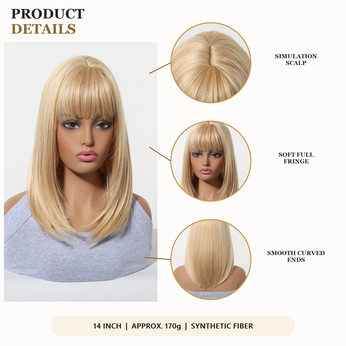 Halloween Wig TopShe Long Straight Golden Blonde Wig Synthetic Wig Heat Resistant Fiber Bob Wig with Bangs 14 Inch or Women Simulation Scalp Soft Full Fringe Natural Looking Hair Cosplay Party Daily Wear 170g