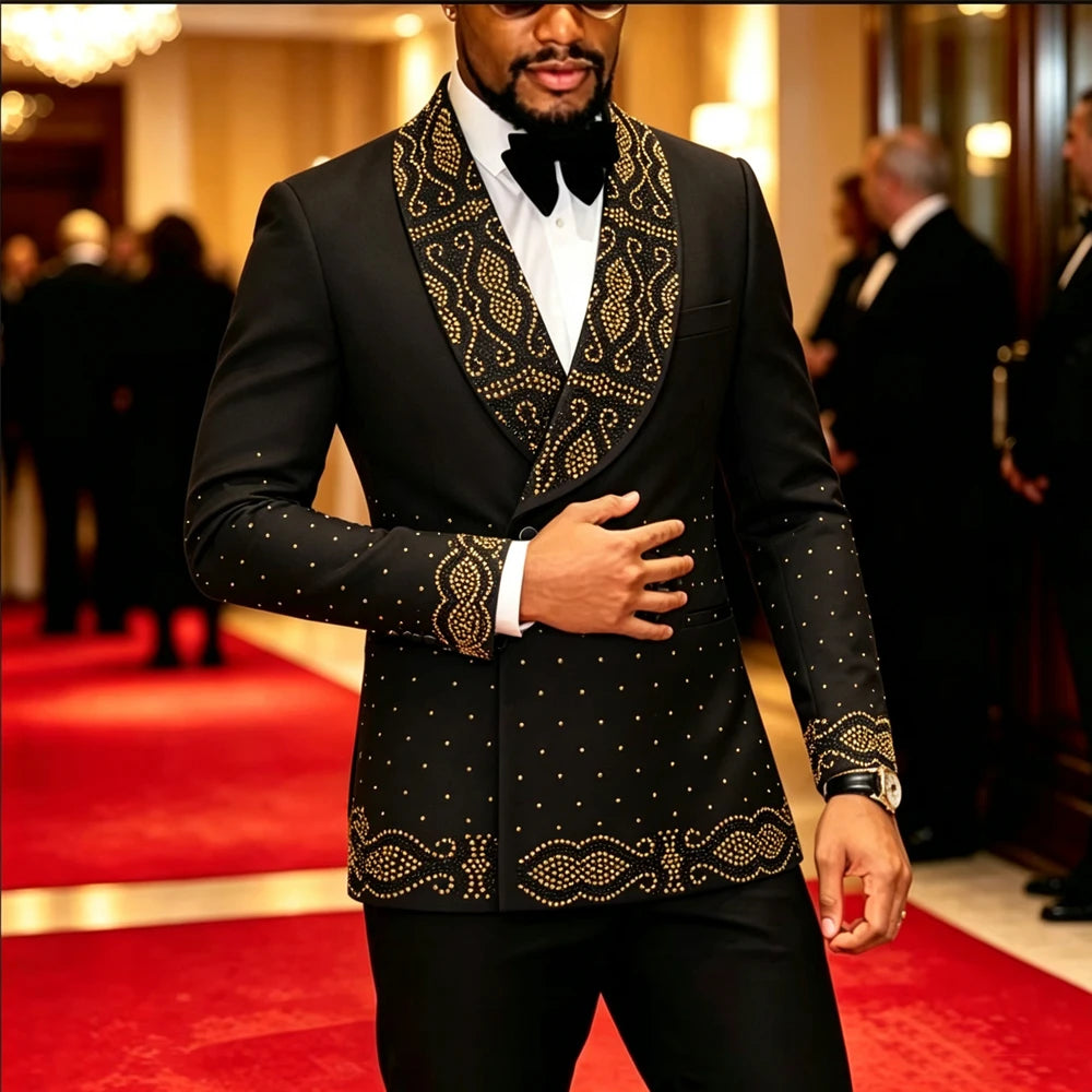 Men Black 2 Pieces Tuxedo Suit Silver Rhinestone Embroidery Shawl Lapel Double Breasted Blazer Pants Set Wedding Groom Prom Party Formal Suit