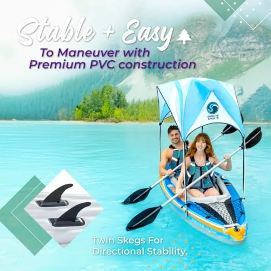2 Person Inflatable Kayak For Lakes And Rivers, PVC Material, Blue, Includes Sunshade Canopy High Output Air Pump Storage Bag A