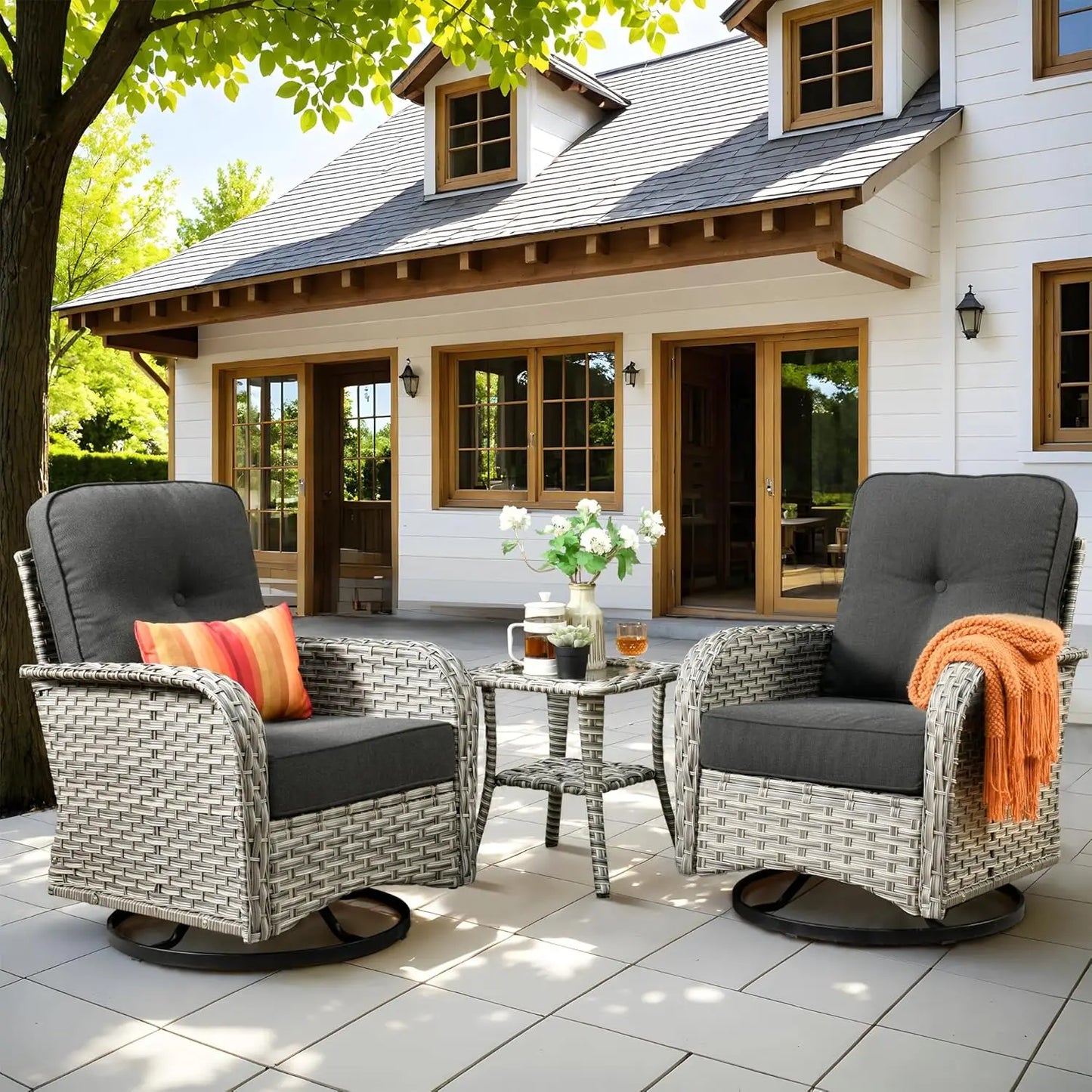 All-Weather Wicker Swivel Rocker Patio Chair Set of 2 with Coffee Table for Deck Porch Balcony Poolside, Customized