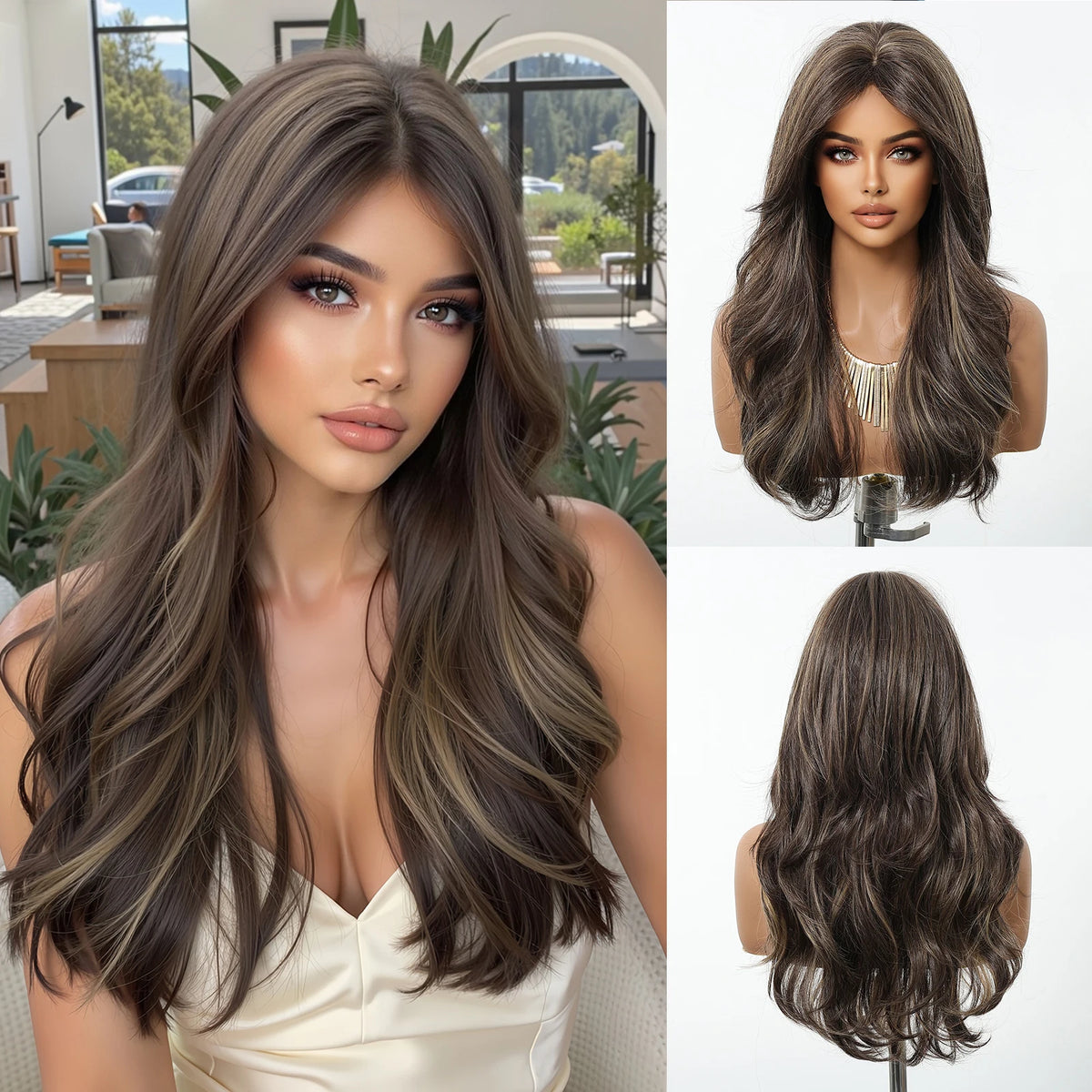 TopShe 28 Inch Long Wave Wig with Bangs for Woman Brown Synthetic Wig with Blonde Highlights Heat Resistant Loose Wave Daily Wear Natural Looking Ash Brown Layered Hair Soft Silky Natural Bio-Scalp Wigs