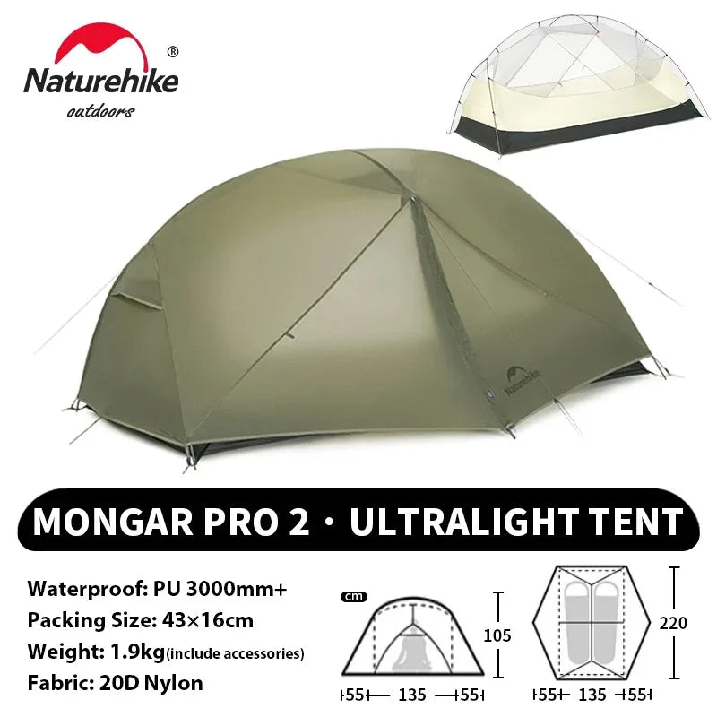 Naturehike Mongar PRO Ultralight 1/2/3 Person Tent Camping Outdoor Waterproof 20D Nylon Backpacking Travel Cycling Tent