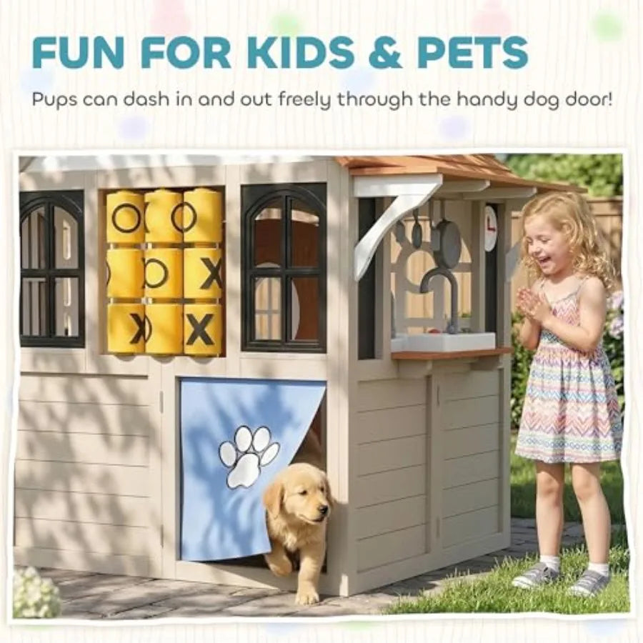 Outdoor Wooden Playhouse For Kids Aged 2+, Gray Finish, Includes Dog Door, Blackboard, Clock, Tic-Tac-Toe Roller, Cookware, Ide