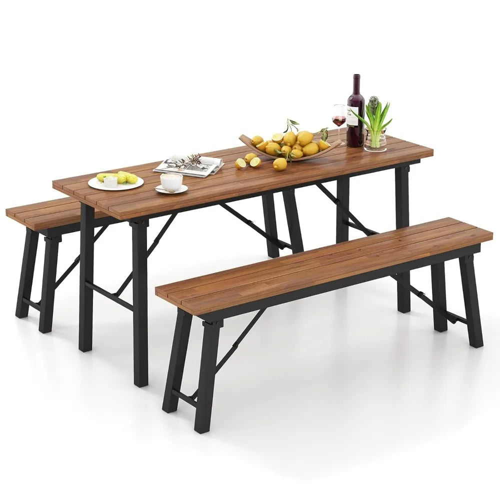 Outdoor Dining Table With Benches for 4-6 Persons, No Assembly Foldable 59 Inches Narrow Patio Dining Table, Customized